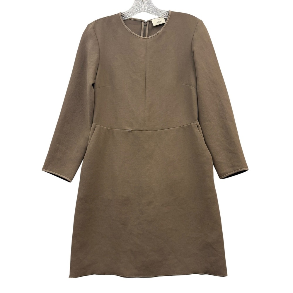 Aritzia Wilfred Vilard Dress Taupe Minimalist Long Sleeve Shift Career Midi 6